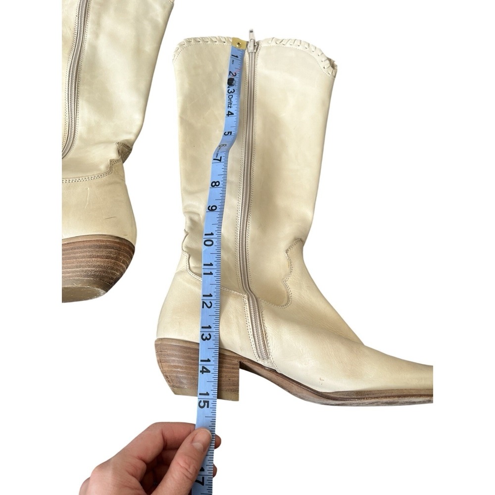 Vintage Pointed Toe Cream Italian Leather Western Boots Stacked Heel Zip Up 9 - Picture 12 of 16